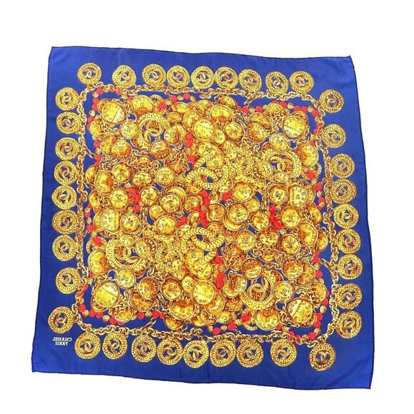 Authentic CHANEL Silk Scarf CC Medallion Coins Chains Gold Blue Vintage - Picture 5 of 5